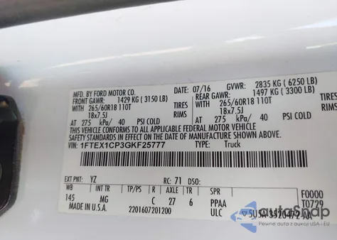 2016 Ford F-150 Xlt из США, поврежденный, VIN 1FTEX1CP3GKF25777